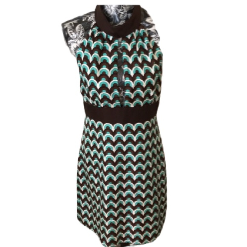 MILLY of NEW YORK size 10 blue & brown sexy silk halter dress with Retro Print